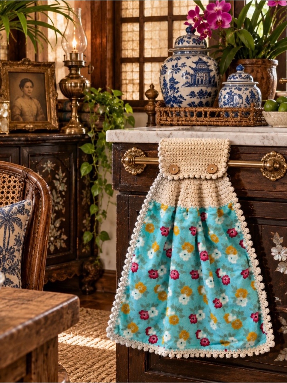 Handmade Pioneer Woman Turquoise Floral Crochet Hanging Kitchen Towel